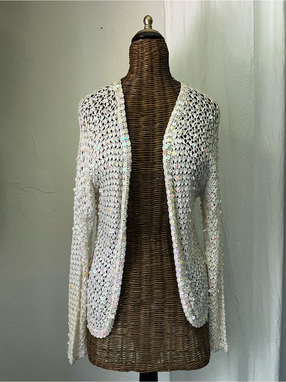 White Crochet Open-Front Sweater Cardigan.